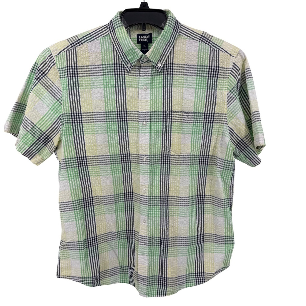 Lands End Mens Shirt XL Plaid Seersucker‎ Button Down Traditional Fit